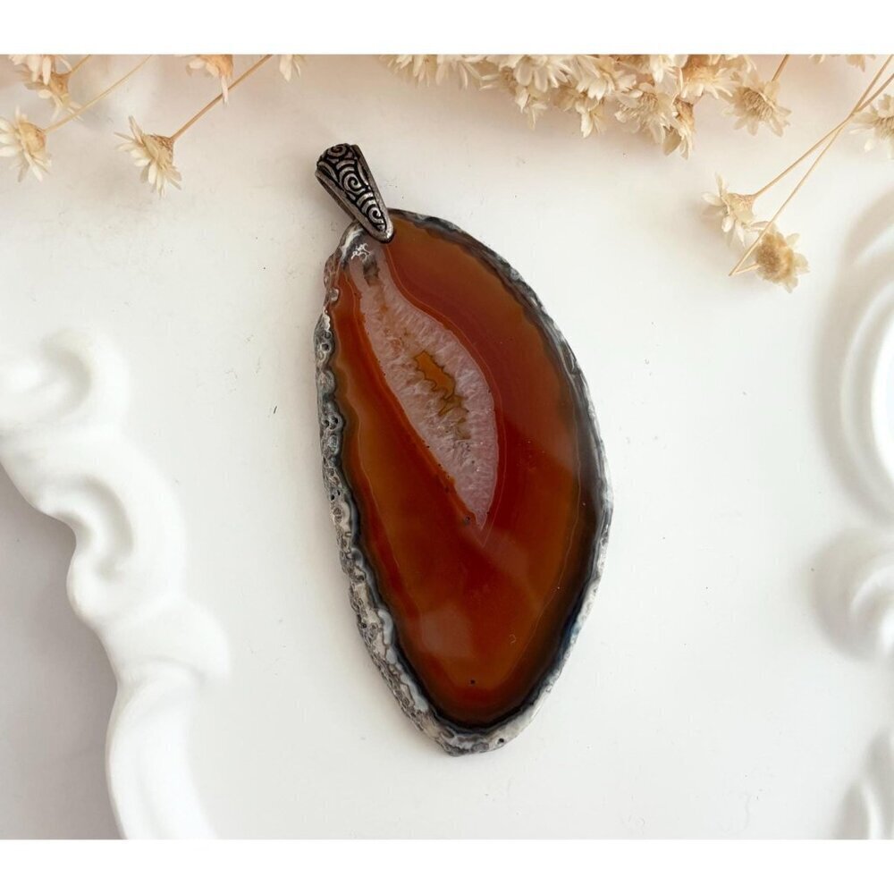 Brown Banded Natural Agate Geode Crystal Oval Silver Toned Vintage Pendant